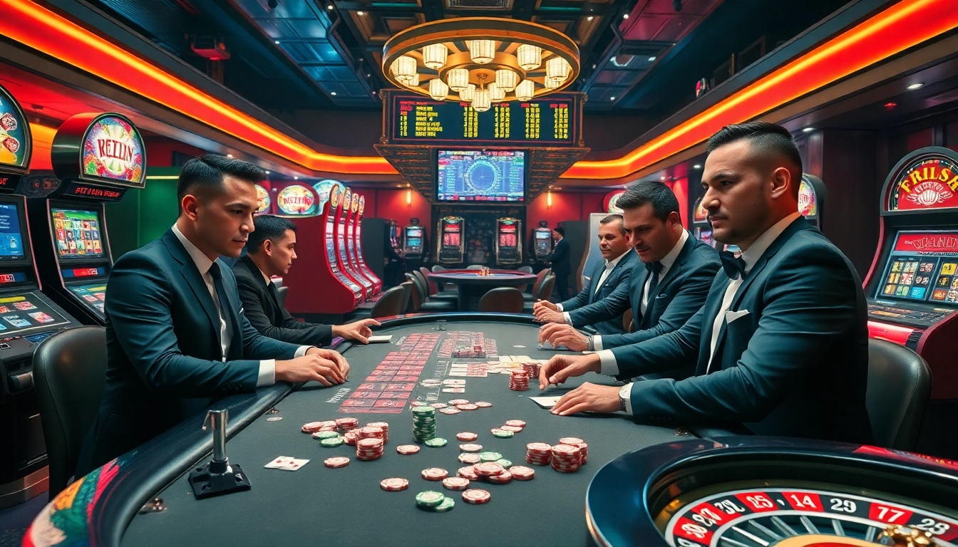 Men enjoying high-stakes poker at the man club casino, surrounded by vibrant gaming elements.