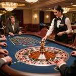 Players enjoy a thrilling game of roulette at DA88 casino table, surrounded by elegant decor.
