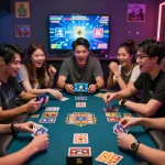 Friends enjoying a lively B52Club gaming session with card games and snacks.