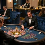 Engaging casino scene featuring DA88-themed roulette table and players enjoying upscale lounge atmosphere.