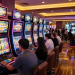 Players enjoying slots at F168 casino, vibrant neon lights and dynamic reels create excitement