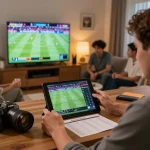Engaging sports betting with DA88 com, showing live match odds and friends enjoying the game.