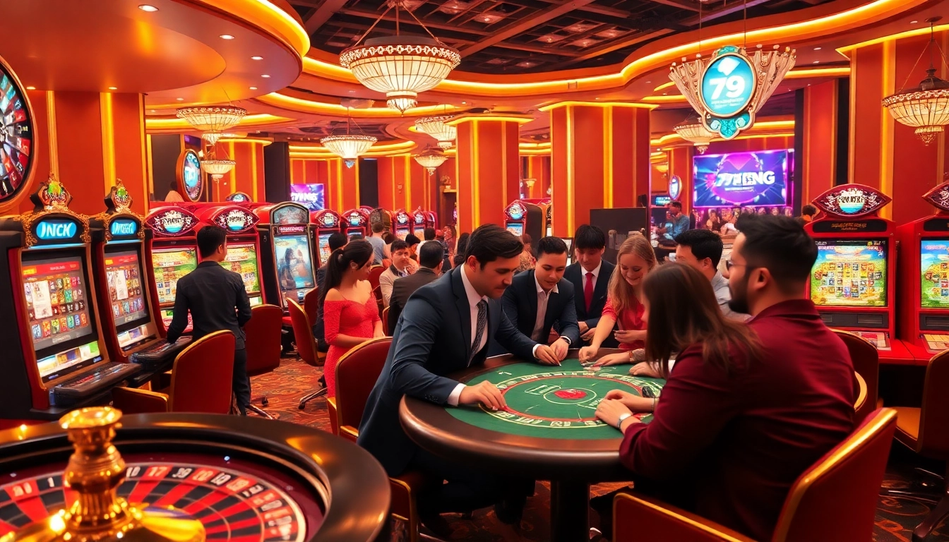 Players experience thrilling gameplay at 79KING's vibrant online casino, featuring roulette and poker tables.