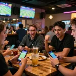Excited patrons placing bets on the 9BET app during a live sports event in a lively bar atmosphere.