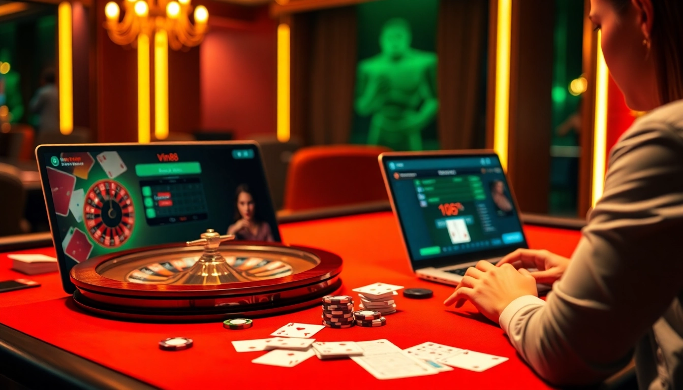Experience thrilling online gaming at the website vin88, featuring roulette and vibrant casino elements.