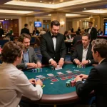 Players engaging in strategic gameplay at a blackjack table in a luxurious casino atmosphere featuring CM88.