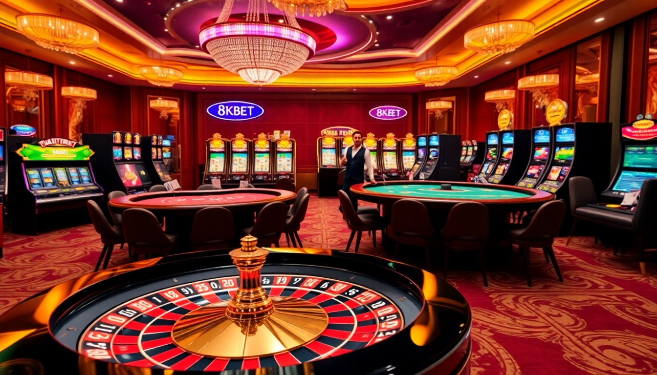 8KBET casino experience featuring vibrant roulette wheel and luxurious gaming tables.