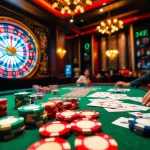 Players engaging in an intense game bài session at a luxury casino table with vibrant poker chips.