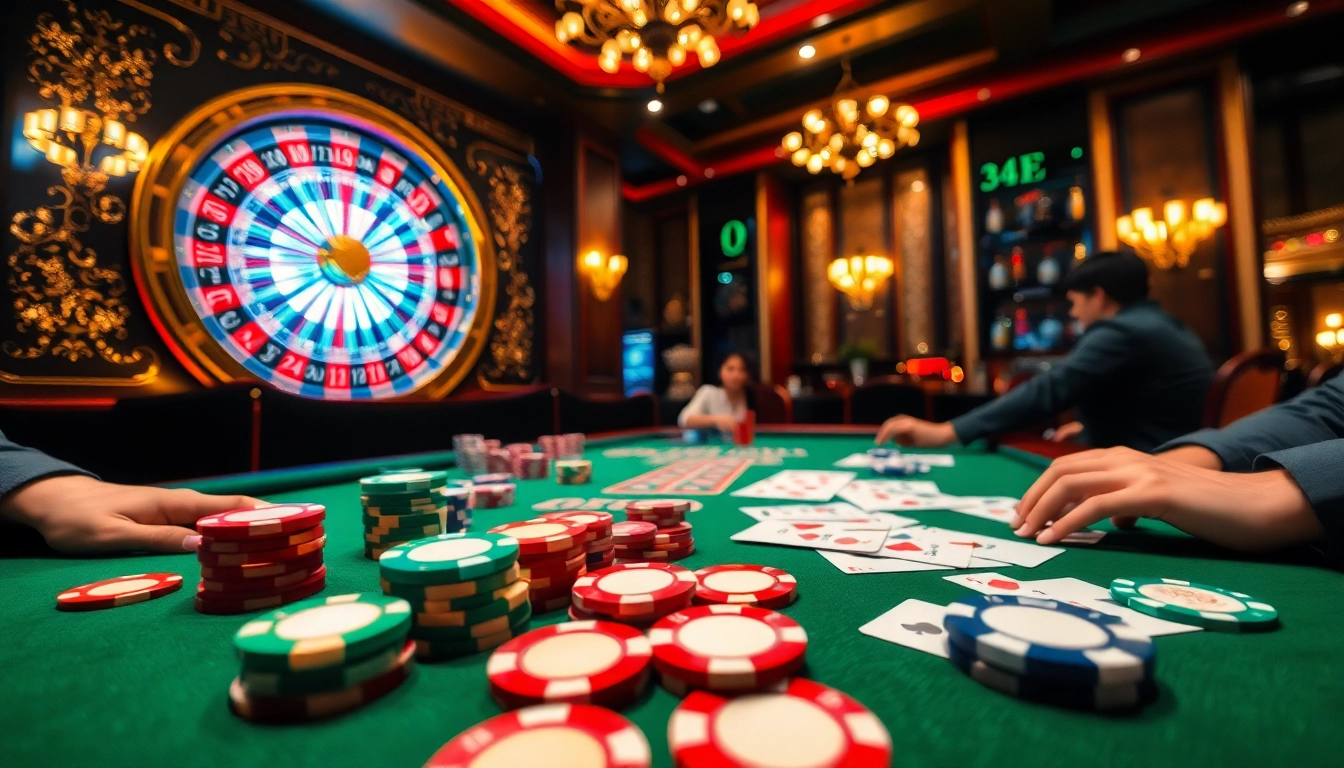 Players engaging in an intense game bài session at a luxury casino table with vibrant poker chips.