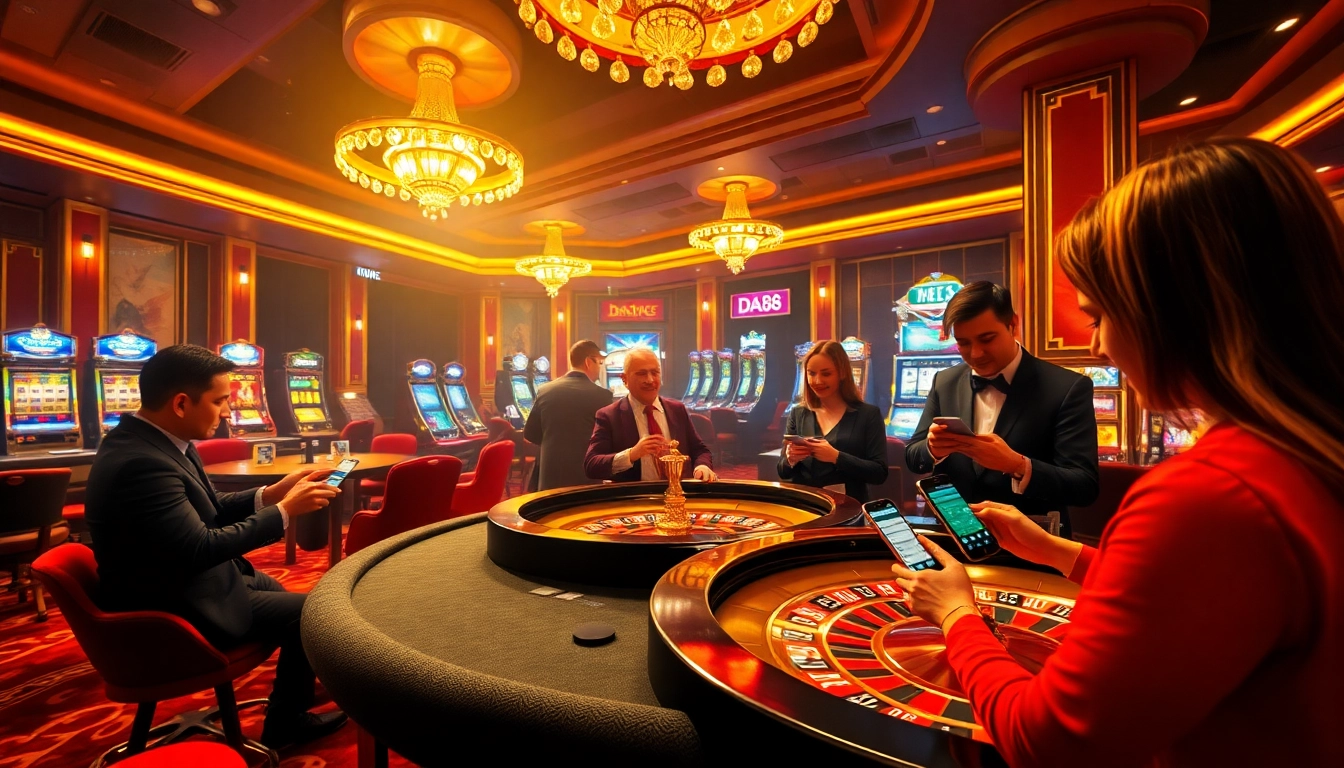 Players engaging with the DA88 APP in a luxurious casino setting, surrounded by excitement.