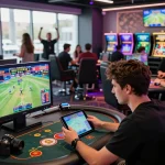 Exciting online betting experience at https://iwinclub.games/ with vibrant lounge atmosphere showcasing sports betting on tablets.