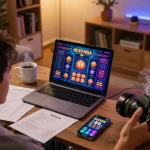 Engaging online gaming moment featuring lucky 88 app on a laptop at home, showcasing responsible gambling.