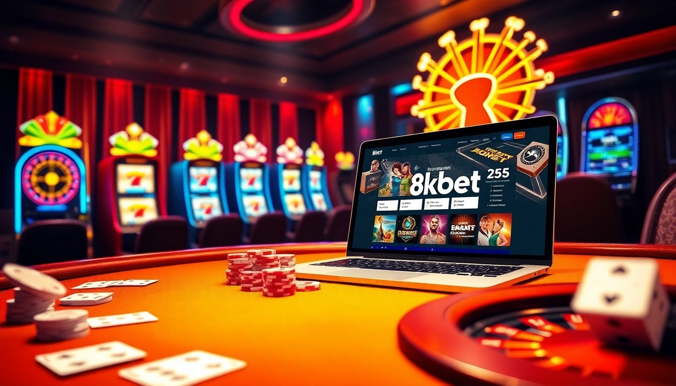 Experience 8kbet casino excitement with vibrant games, poker tables, and online betting elements.