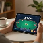 TẢI GO88 app for seamless online gambling experience on tablet with player in cozy home setting.