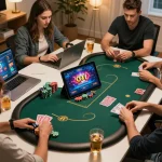 Players strategizing in an online poker game with the b52club interface visible on screens, showcasing dynamic gameplay.