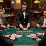 GO8 players strategizing at an elegant blackjack table under warm casino lighting.