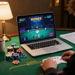 Player engaging in online poker at Uk 88, showcasing chips and strategy notes in cozy setting