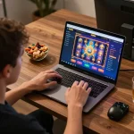 23WIN online gaming experience with engaging slot game on laptop in cozy home setting