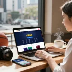 Engaged user exploring FB88 online betting site in a cozy café setting