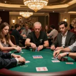 IWIN players enjoying an intense poker game amidst a luxurious casino setting
