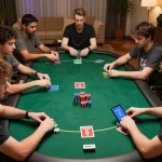 Engaging players enjoying online poker gameplay on kjc com with vibrant chip stacks and digital cards.