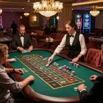 Engaged players at a Red 88 roulette table strategically placing bets under elegant casino lights.
