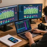 Betting on tỷ lệ kèo nhà cái 5 in a stylish home office, focused on sports odds.