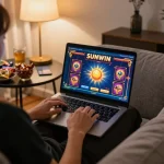 Enjoying a game on sunwin online casino with vibrant interface on a cozy sofa.