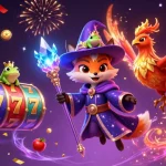 Engage with ทดลองเล่นสล็อต using vibrant slot reels and magical characters in a lively casino scene.