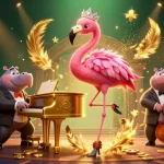 Engage in thrilling gameplay at tg88, featuring a vibrant flamingo singer and hippo bassist amidst a lively casino atmosphere.