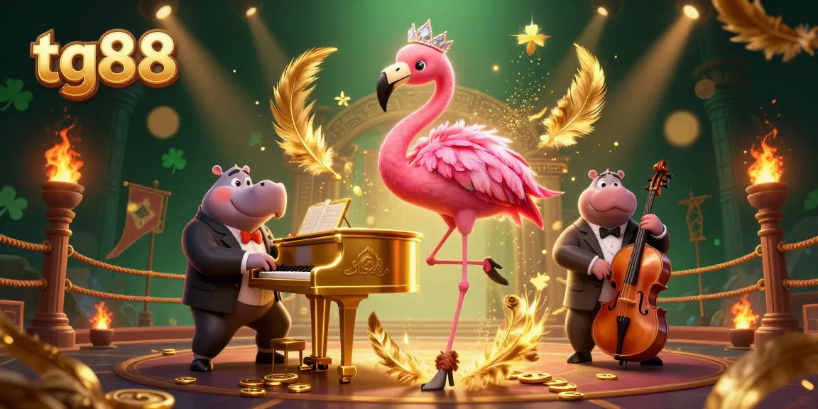 Engage in thrilling gameplay at tg88, featuring a vibrant flamingo singer and hippo bassist amidst a lively casino atmosphere.