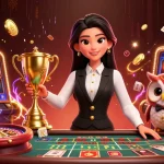 Engaging online casino scene with an Asian dealer and owl assistant at a baccarat table, featuring dynamic slots and gold elements.
