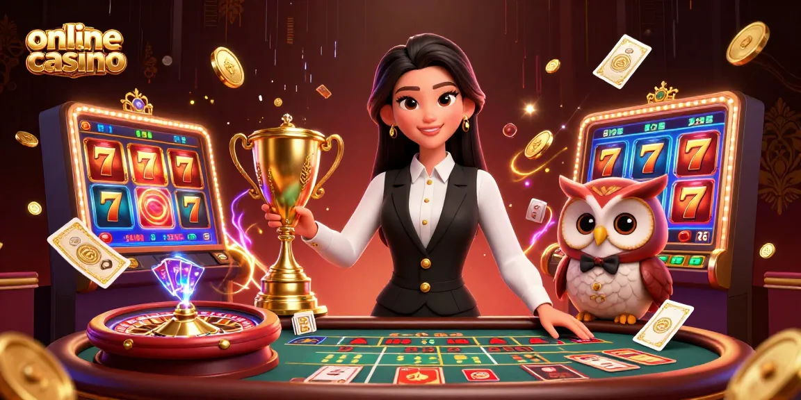Engaging online casino scene with an Asian dealer and owl assistant at a baccarat table, featuring dynamic slots and gold elements.
