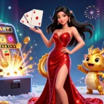 Engage with max88s by playing thrilling casino games, featuring a glamorous woman and golden dragon mascot.