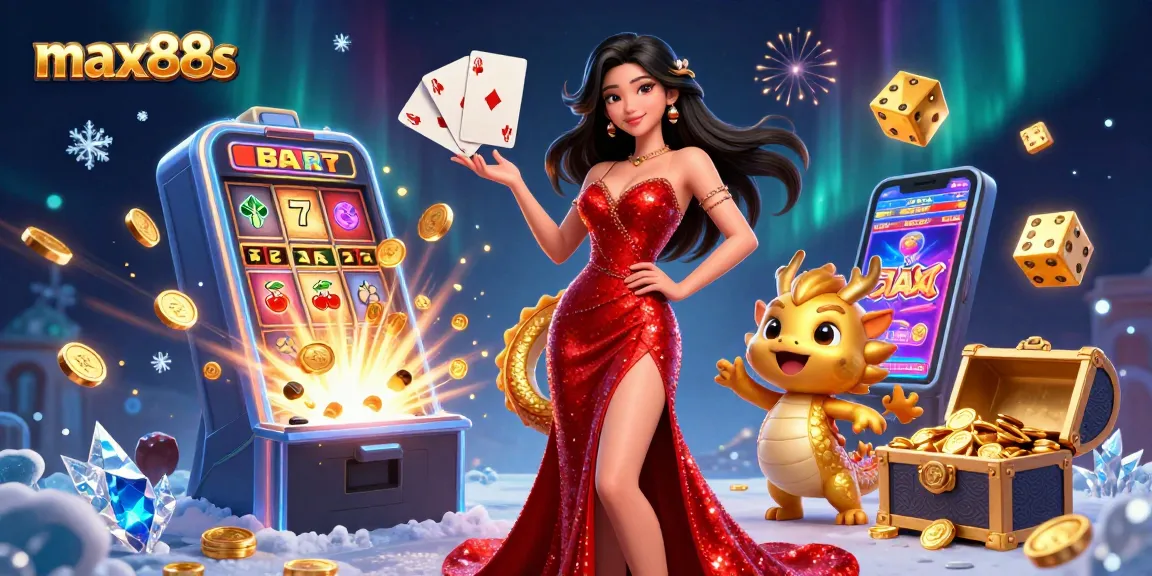 Engage with max88s by playing thrilling casino games, featuring a glamorous woman and golden dragon mascot.