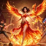 Experience thrilling gambling at tx88ss with a stunning Asian woman and fire phoenix amidst a vibrant casino scene.