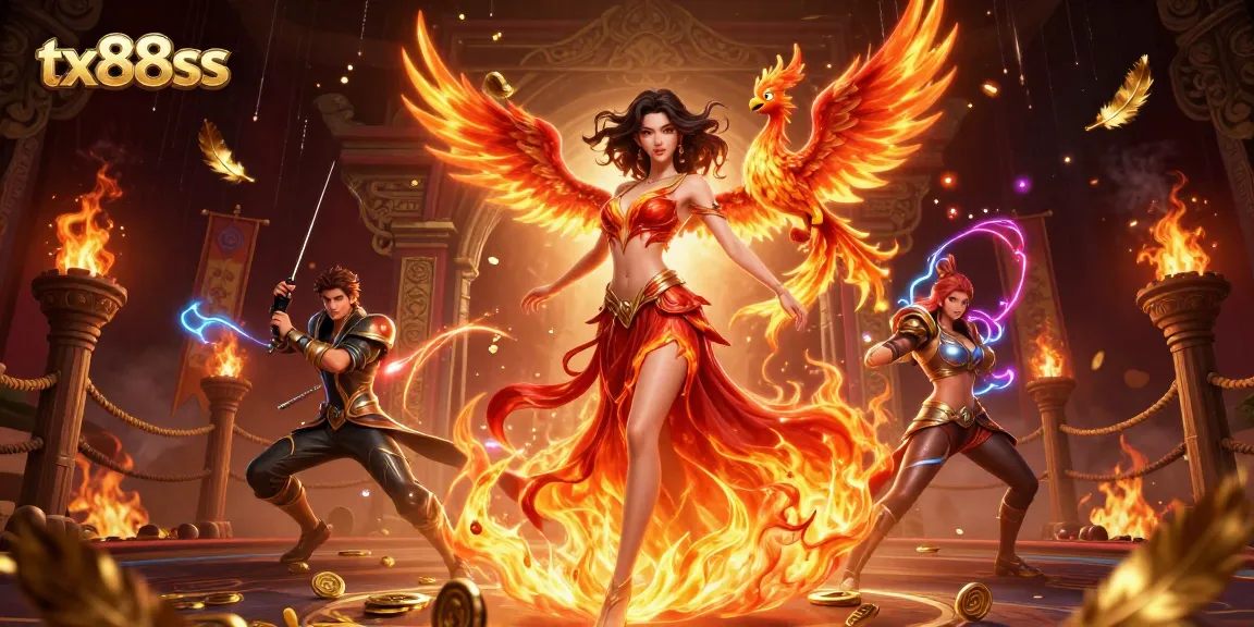 Experience thrilling gambling at tx88ss with a stunning Asian woman and fire phoenix amidst a vibrant casino scene.