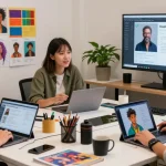 Engaging NSFW character AI interactions in a modern digital art studio.