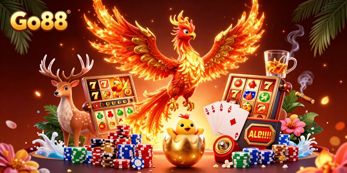 Experience the thrill of Go88 with this vibrant 3D casino illustration showcasing exciting slot games and iconic characters.