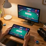 Enjoying an online poker game on i9bet with chips and cards in view, inviting gaming atmosphere.
