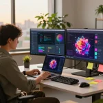 Juicy ai graphics displayed on screens in a vibrant tech workspace.
