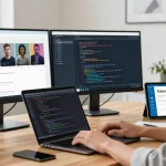 Focus on downloading Telegram in a modern tech workspace, highlighting vibrant interface and tools.