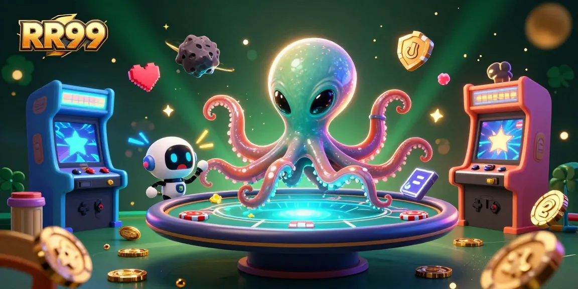 Engage with RR99 at a vibrant casino-themed digital illustration with alien characters and poker games!