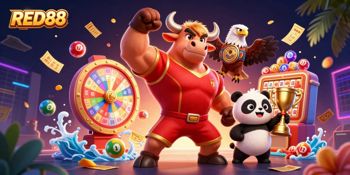 Engage with the vibrant RED88 casino scene featuring a victorious bull and dynamic gaming elements.
