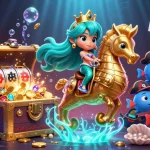 SIN88 showcases a vibrant online casino scene with a mermaid princess and slot reels bursting with treasures.