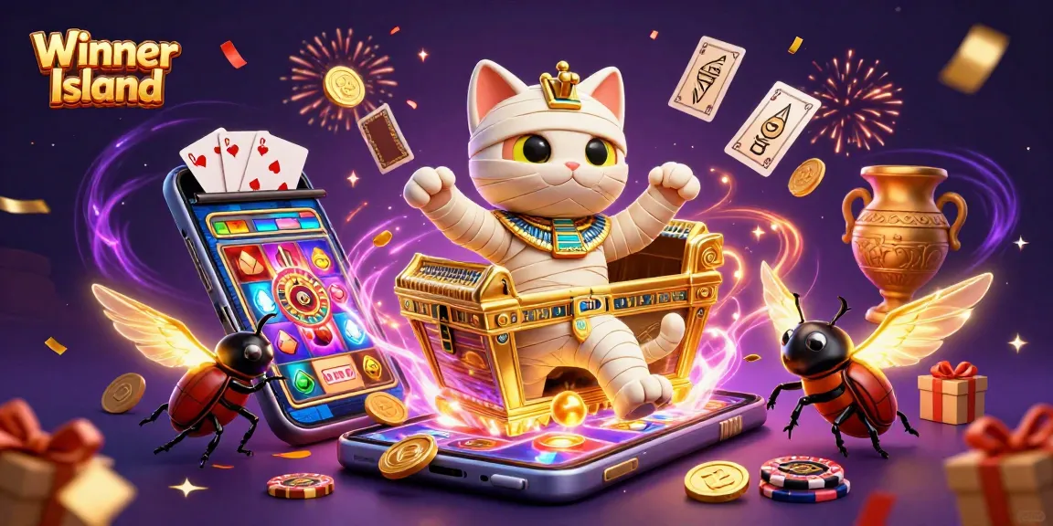 Experience the excitement of Winner Island with a vibrant casino scene featuring a mummy cat, glowing scarab, and dynamic gaming elements.