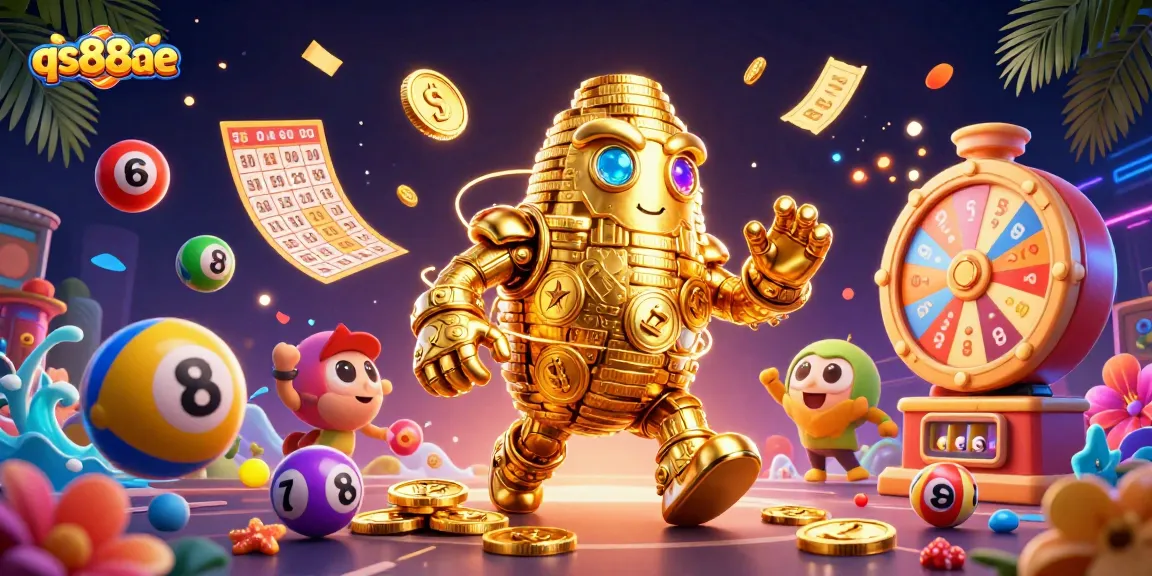 qs88ae showcases vibrant lottery elements in a dynamic 3D casino illustration.