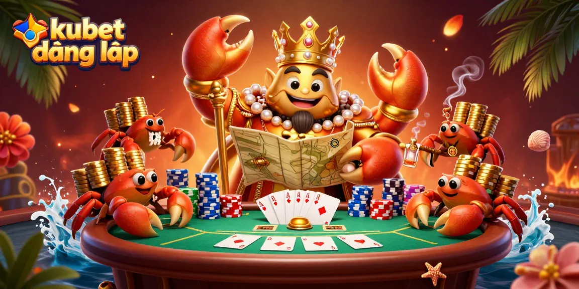 Experience exciting kubet đăng nhập with a golden crab emperor, poker action, and vibrant casino elements.