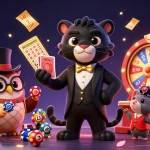vin88 is showcased with a charming black panther dealing cards energetically in a vibrant casino scene.