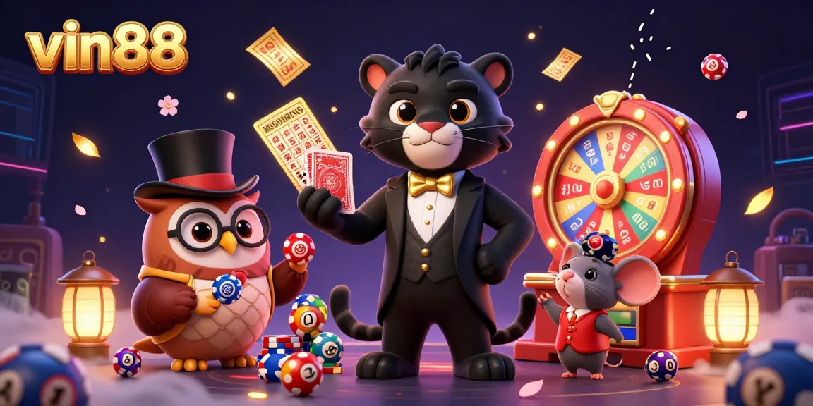 vin88 is showcased with a charming black panther dealing cards energetically in a vibrant casino scene.